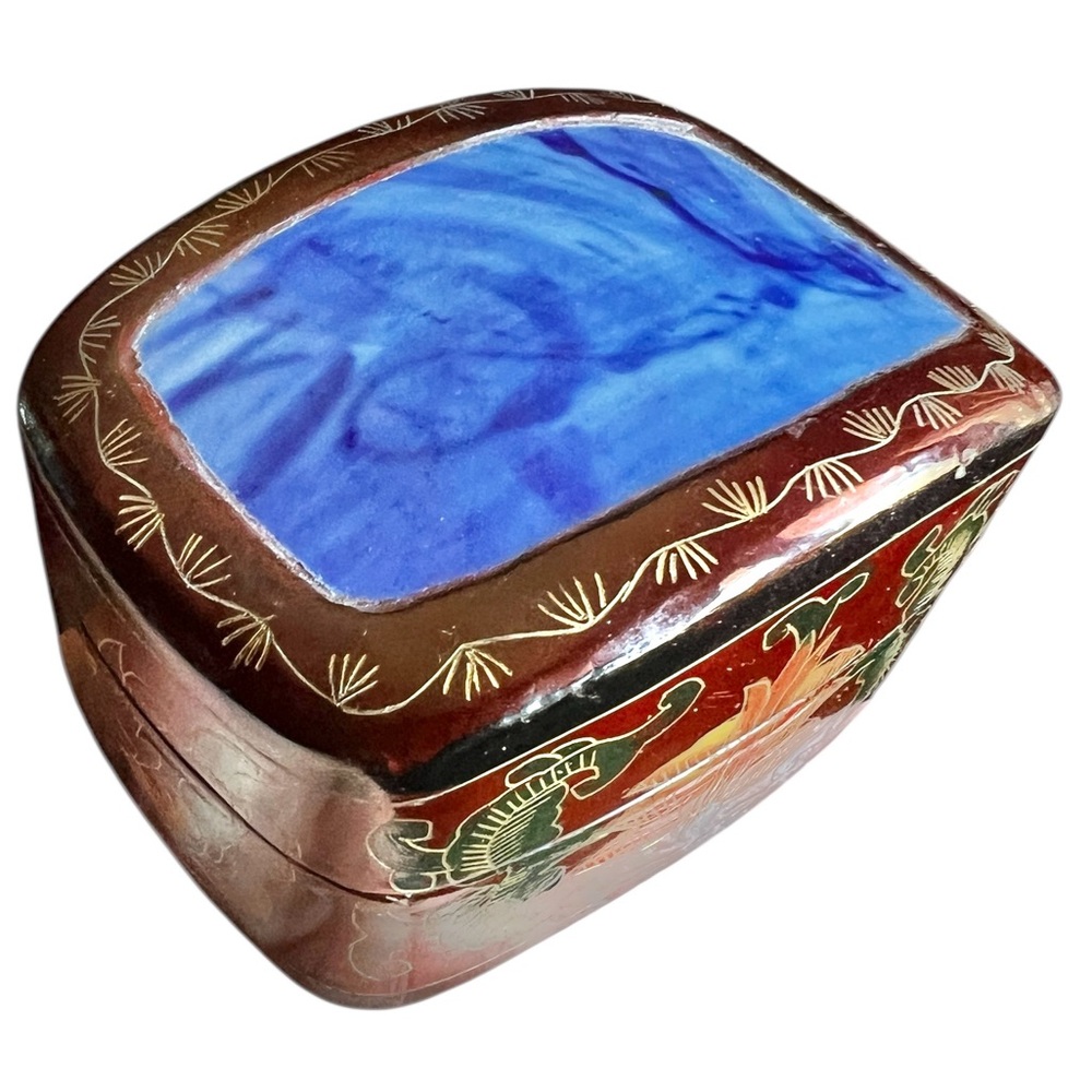 Vintage Lacquered Shard Box Lotus Scribed Blue Porcelain